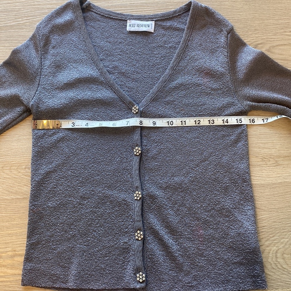 Holt Renfrew Silver Metallic Knit Cardigan | Designer V-Neck Button Sweater - Picture 9 of 9